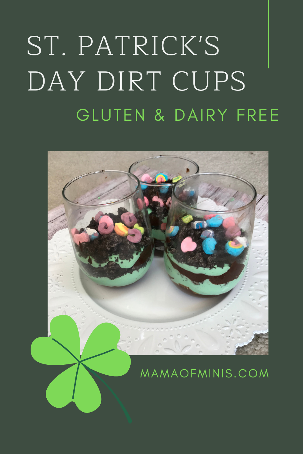Dirt Cup dessert for St. Patrick's Day Close-Up Pinterest Pin