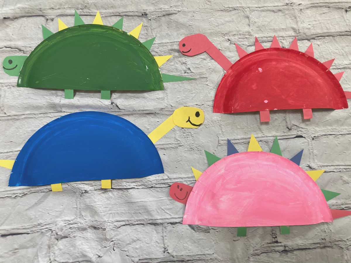 Colorful Shape Recognition Paper Plate Dinosaur Craft