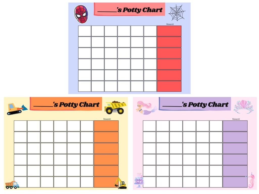 Spiderman, Truck, and Mermaid Sticker Reward Potty Charts