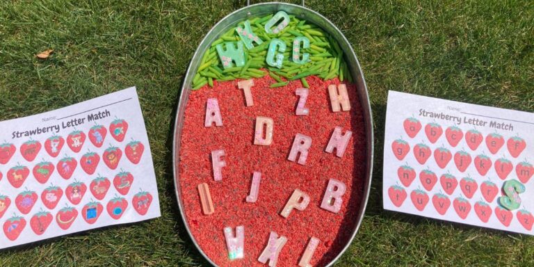 Strawberry Sensory Bin with Free Letter Recognition Printable