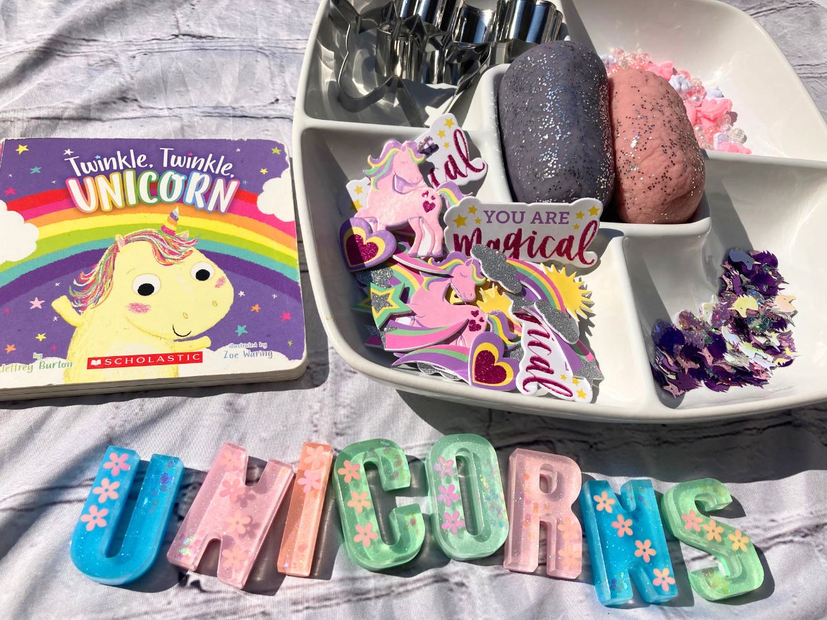 Unicorn Themed Playdough Tray for a Party