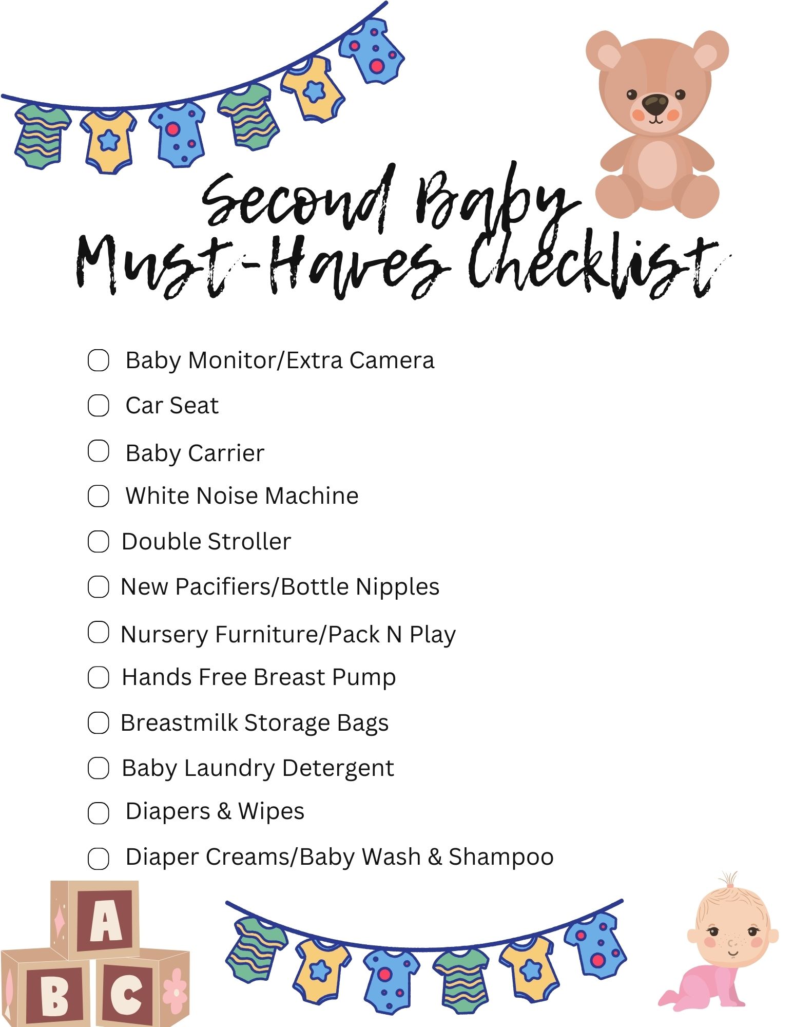 Free PDF Checklist for Second Baby