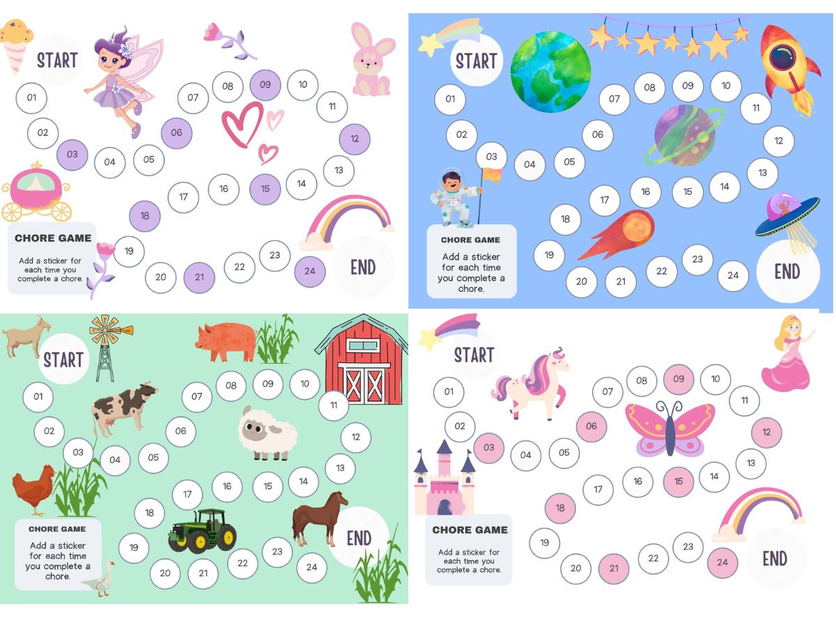 Fairy, Space, Farm and Princess Chore Game Charts