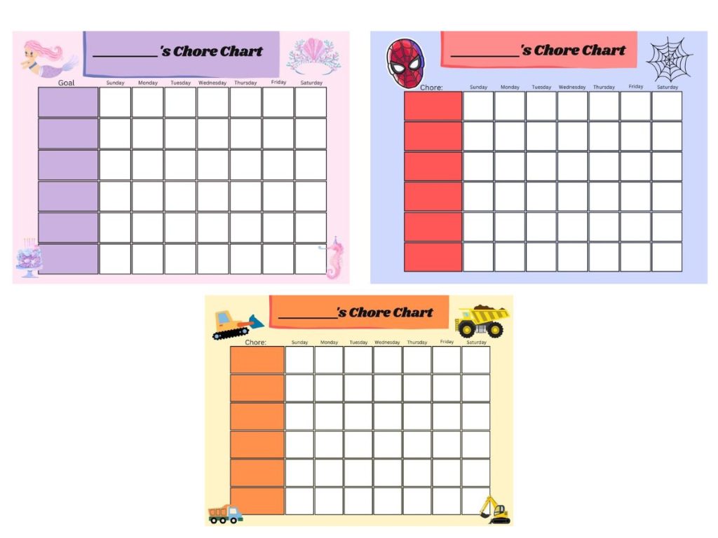 Mermaid, Trucks and Spiderman Chore Chart Printables