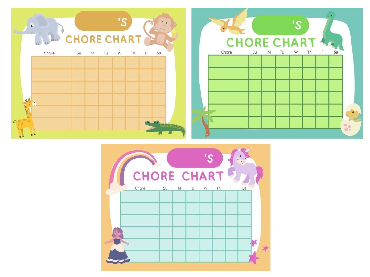 Zoo, Dinosaur, and Unicorn Chore Charts
