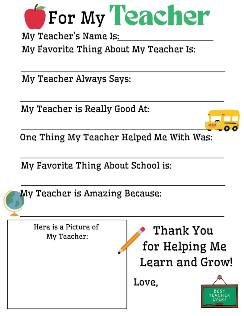 Free Teacher Thank You Printable for Kids