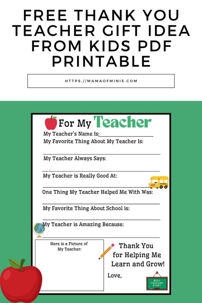 Free Thank You Teacher Gift Idea From Kids PDF Printable